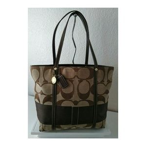 Coach Signature Brown Strip Hobo Tote Bag